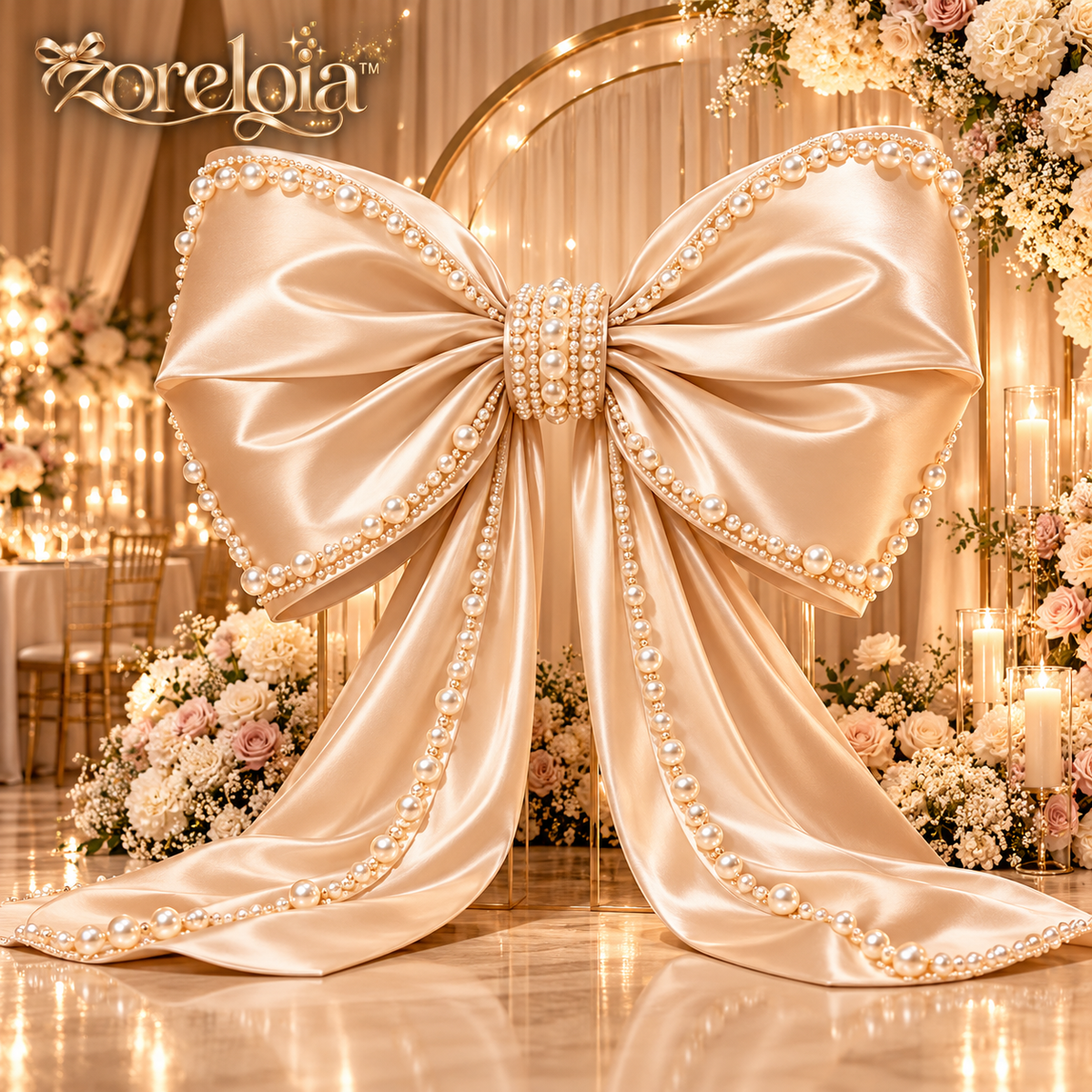 Oversized Pearl-Trimmed Satin Bow Decor - image 1