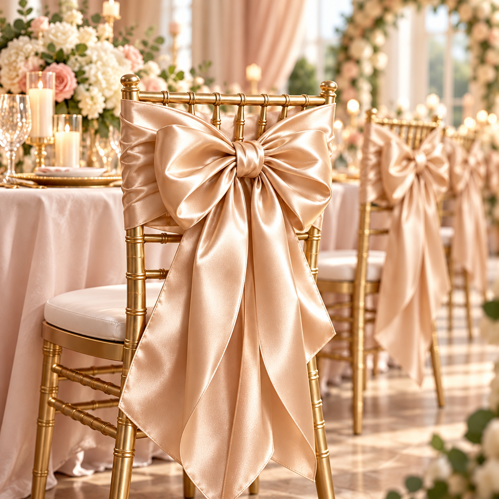Oversized Champagne Satin Chair Bow Set - image 5